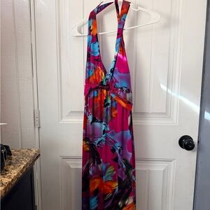 Vivid Floral Halter Maxi Dress - Magenta, Turquoise & Orange